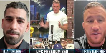 Ilia Topuria and Justin Gaethje get into heated exchange in face-to-face interview